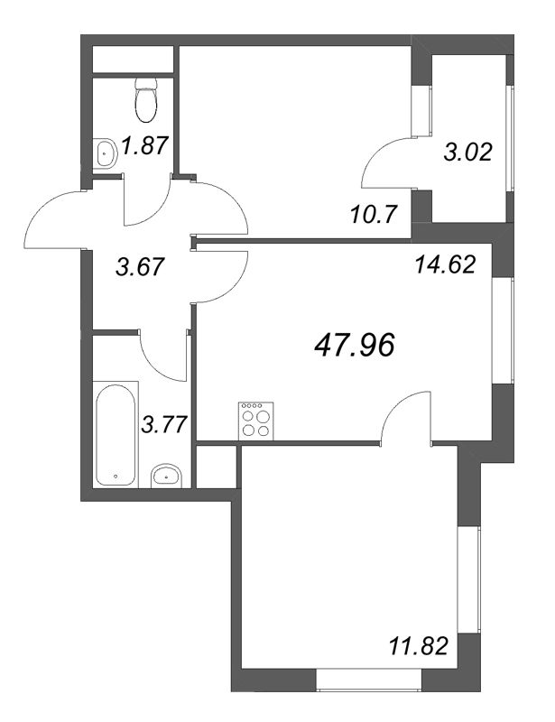 2-комнатная квартира, 47.96 м² в ЖК "Гранат" - планировка, фото №1
