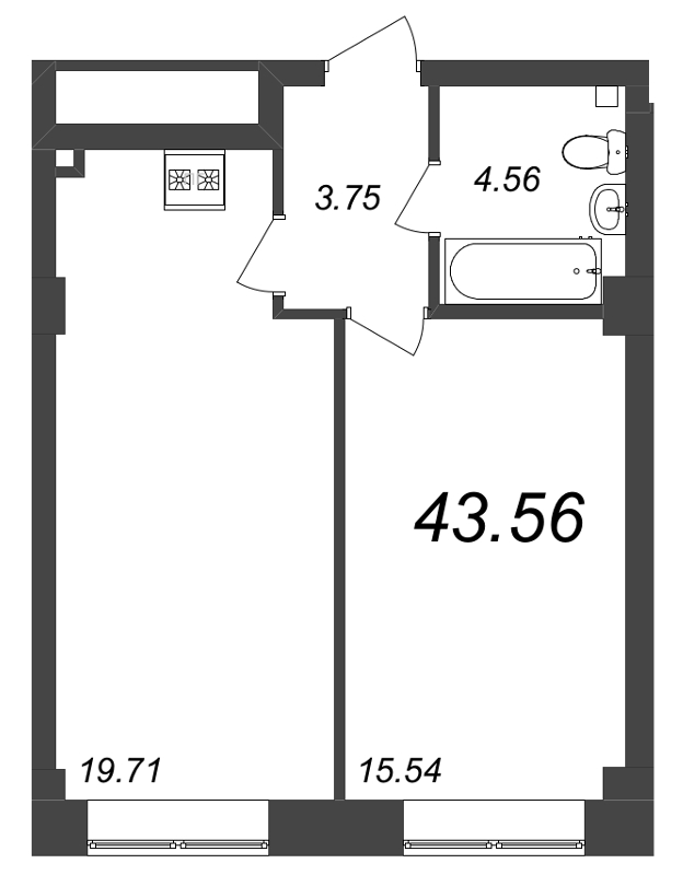 2-комнатная (Евро) квартира, 43.56 м² в ЖК "Neva Residence" - планировка, фото №1