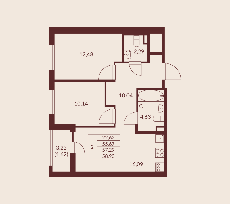 3-комнатная (Евро) квартира, 57.29 м² в ЖК "Амурино" - планировка, фото №1