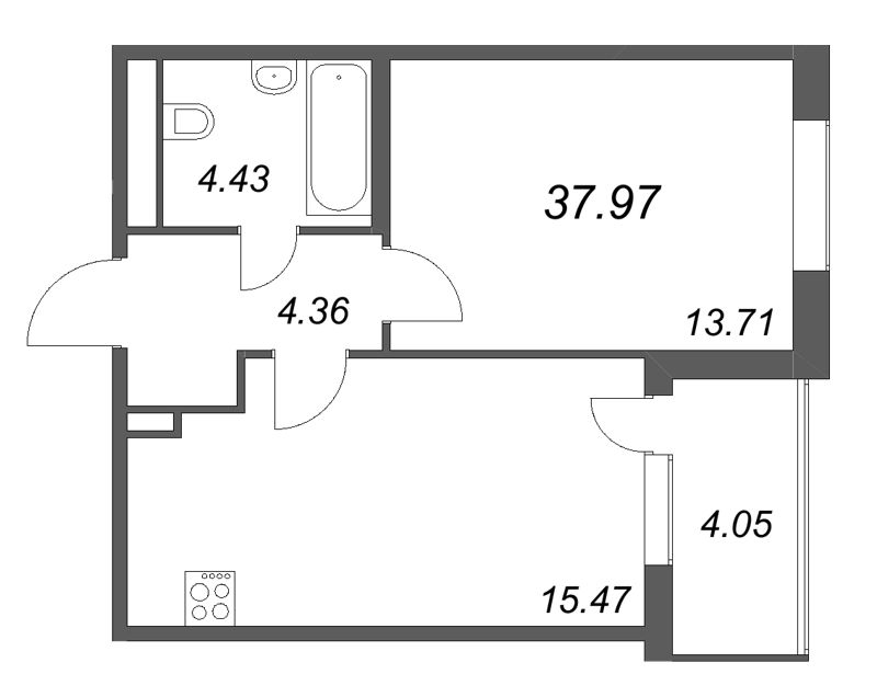 2-комнатная (Евро) квартира, 37.97 м² в ЖК "ЮгТаун" - планировка, фото №1