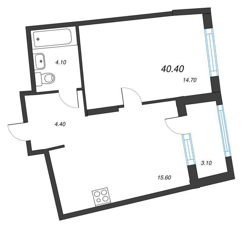 2-комнатная (Евро) квартира, 40.4 м² в ЖК "Ягодное Река Парк" - планировка, фото №1