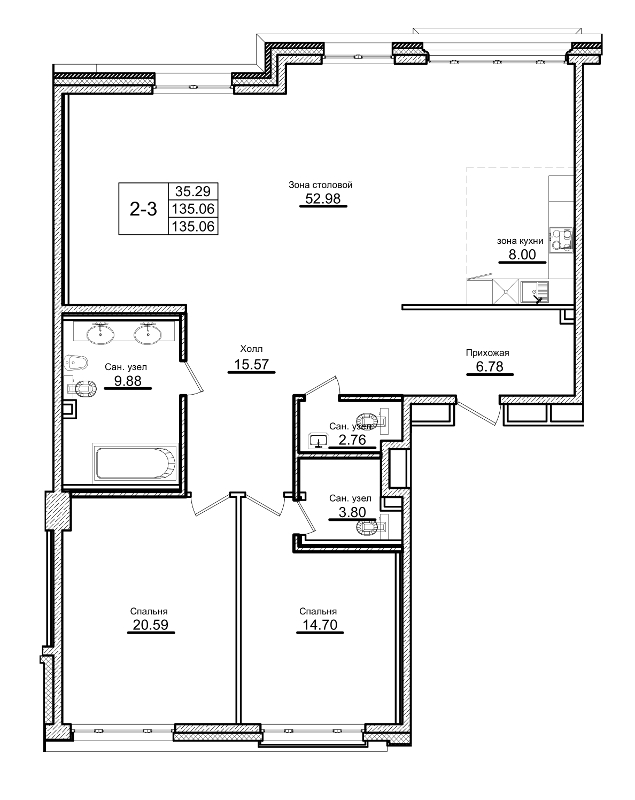 3-комнатная (Евро) квартира, 139.2 м² - планировка, фото №1