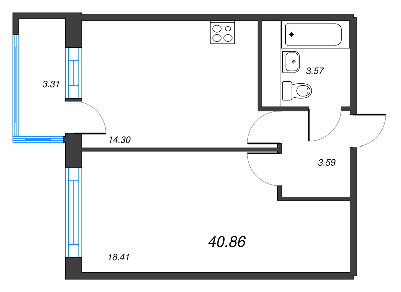 1-комнатная квартира, 40.6 м² - планировка, фото №1