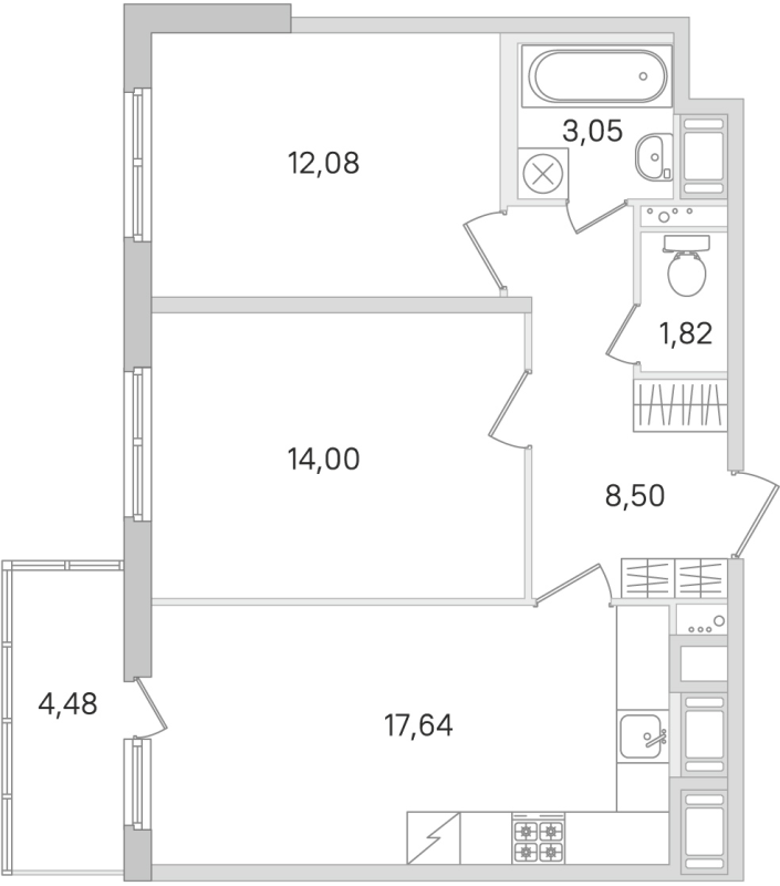 3-комнатная (Евро) квартира, 57.09 м² в ЖК "Ясно.Янино" - планировка, фото №1