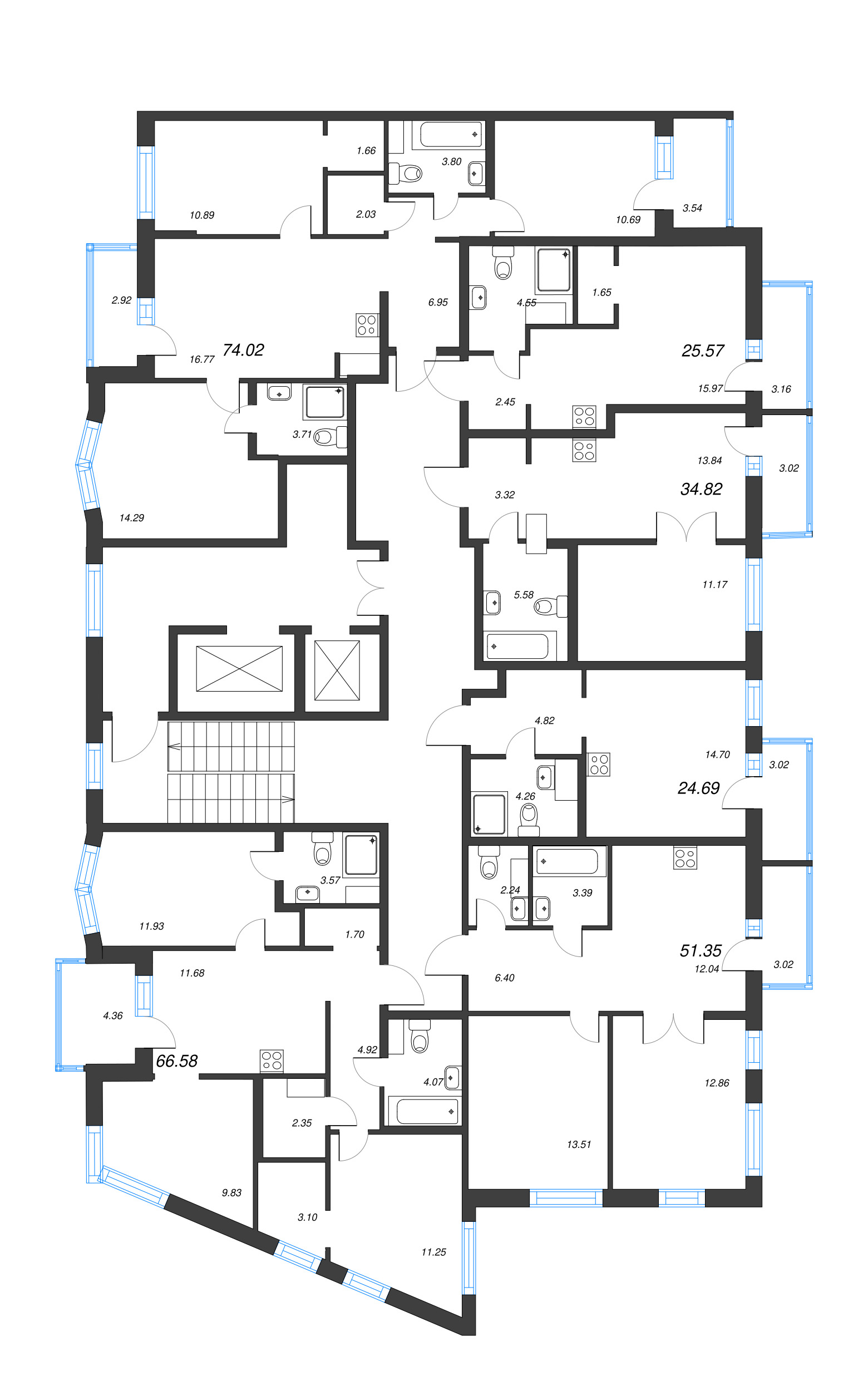 3-комнатная квартира, 66.58 м² - планировка этажа