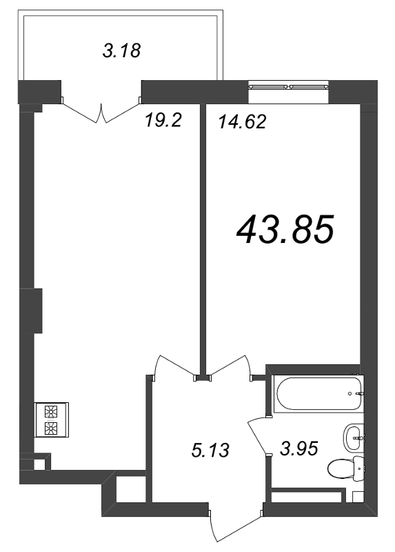 2-комнатная (Евро) квартира, 43.85 м² - планировка, фото №1