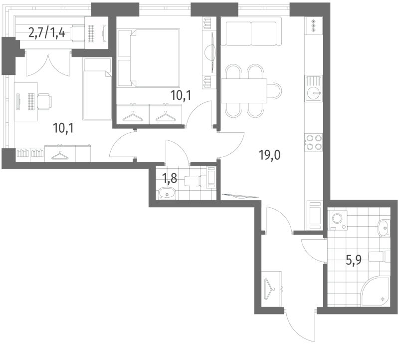 3-комнатная (Евро) квартира, 55.1 м² - планировка, фото №1