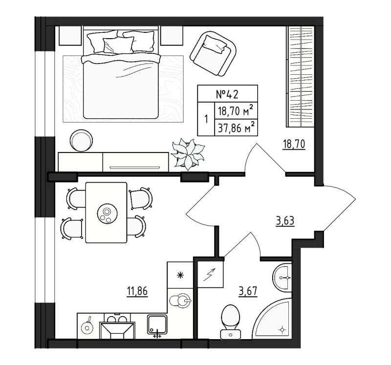 1-комнатная квартира, 37.86 м² в ЖК "Верево Сити" - планировка, фото №1