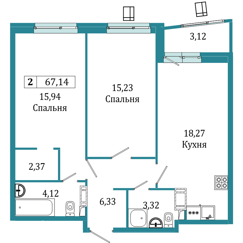 2-комнатная квартира, 67.14 м² в ЖК "Графика" - планировка, фото №1