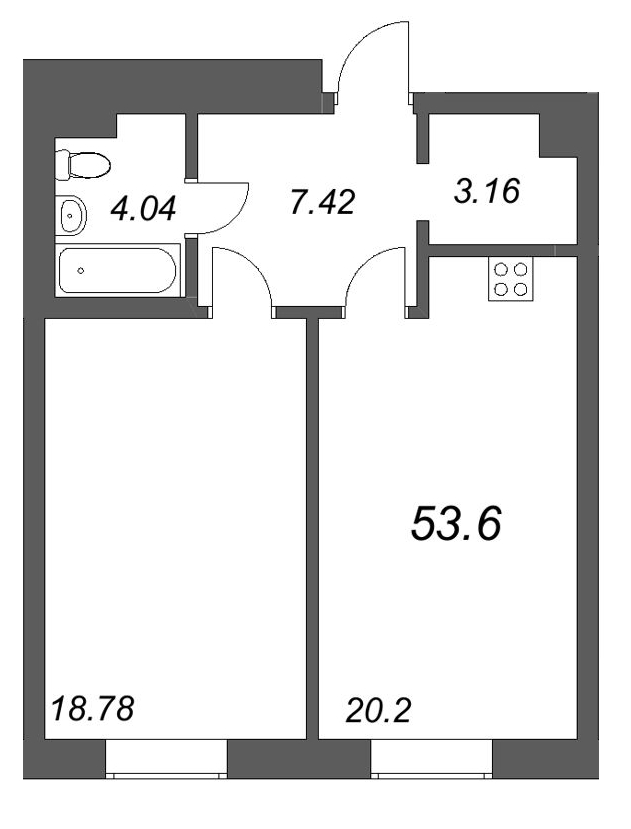2-комнатная (Евро) квартира, 53.6 м² в ЖК "Фонтанка 130" - планировка, фото №1
