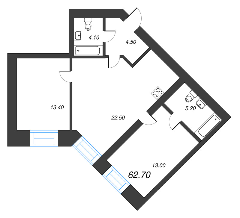 2-комнатная квартира, 62.7 м² в ЖК "Листва" - планировка, фото №1