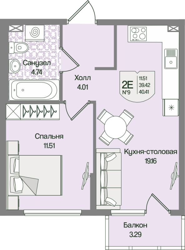 2-комнатная (Евро) квартира, 40.41 м² в ЖК "Охтинские высоты" - планировка, фото №1