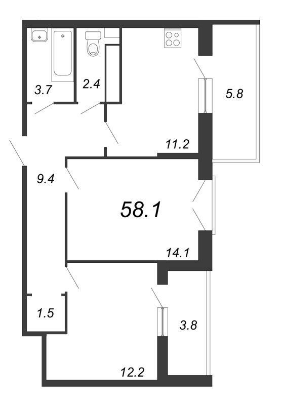 2-комнатная квартира, 59.5 м² в ЖК "Квартал Che" - планировка, фото №1