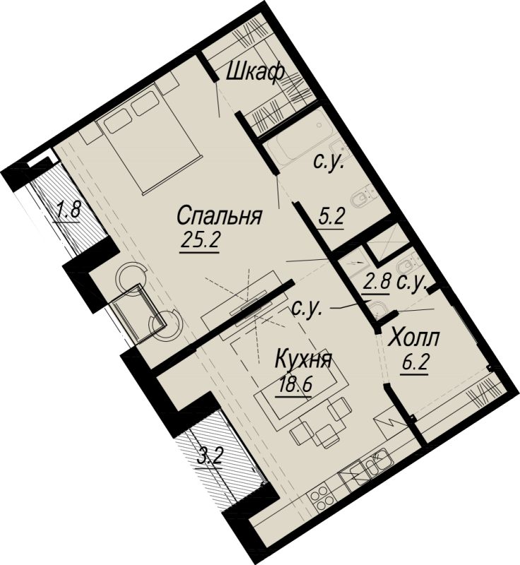 2-комнатная (Евро) квартира, 59.3 м² - планировка, фото №1