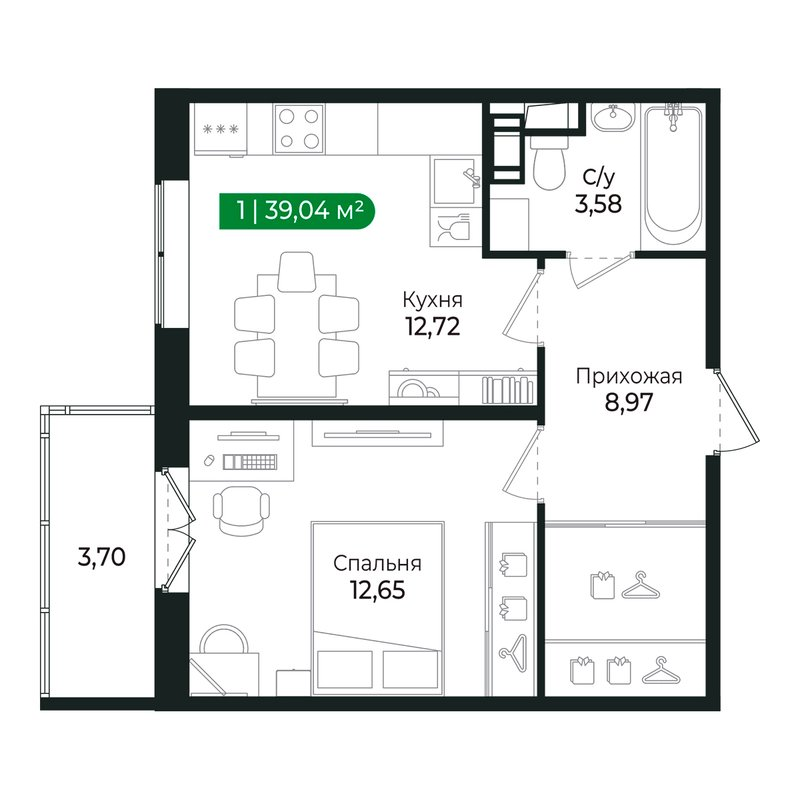 1-комнатная квартира, 37.7 м² в ЖК "Сертолово Парк" - планировка, фото №1