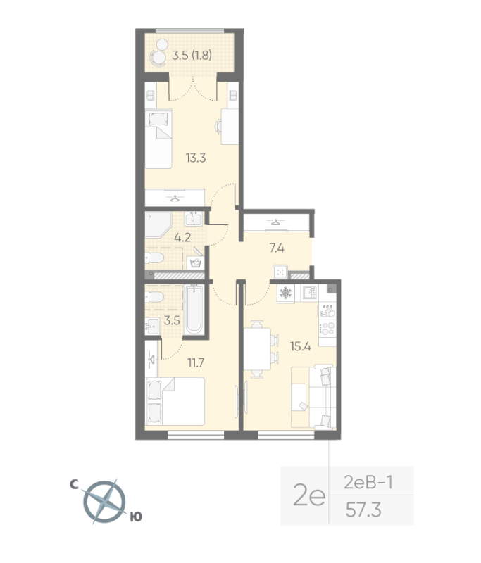 3-комнатная (Евро) квартира, 57.3 м² в ЖК "Пулково Лейк" - планировка, фото №1