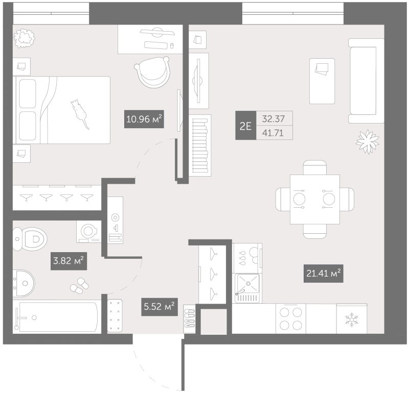 2-комнатная (Евро) квартира, 43.2 м² в ЖК "Зум Чёрная Речка" - планировка, фото №1