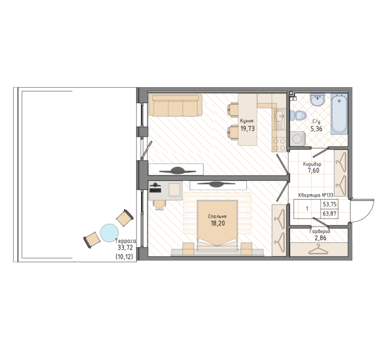1-комнатная квартира, 63.87 м² в ЖК "Мануфактура James Beck" - планировка, фото №1