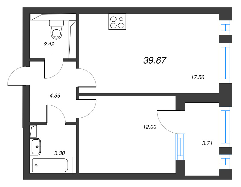 2-комнатная (Евро) квартира, 41.53 м² в ЖК "Кронфорт. Центральный" - планировка, фото №1