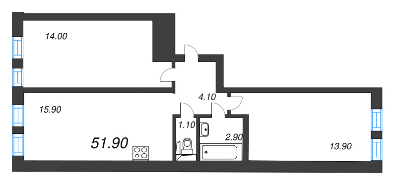 3-комнатная (Евро) квартира, 51.9 м² в ЖК "Эко Квартал Нега" - планировка, фото №1