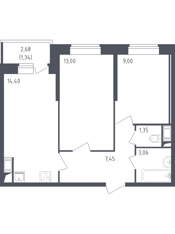 2-комнатная квартира, 49.6 м² - планировка, фото №1