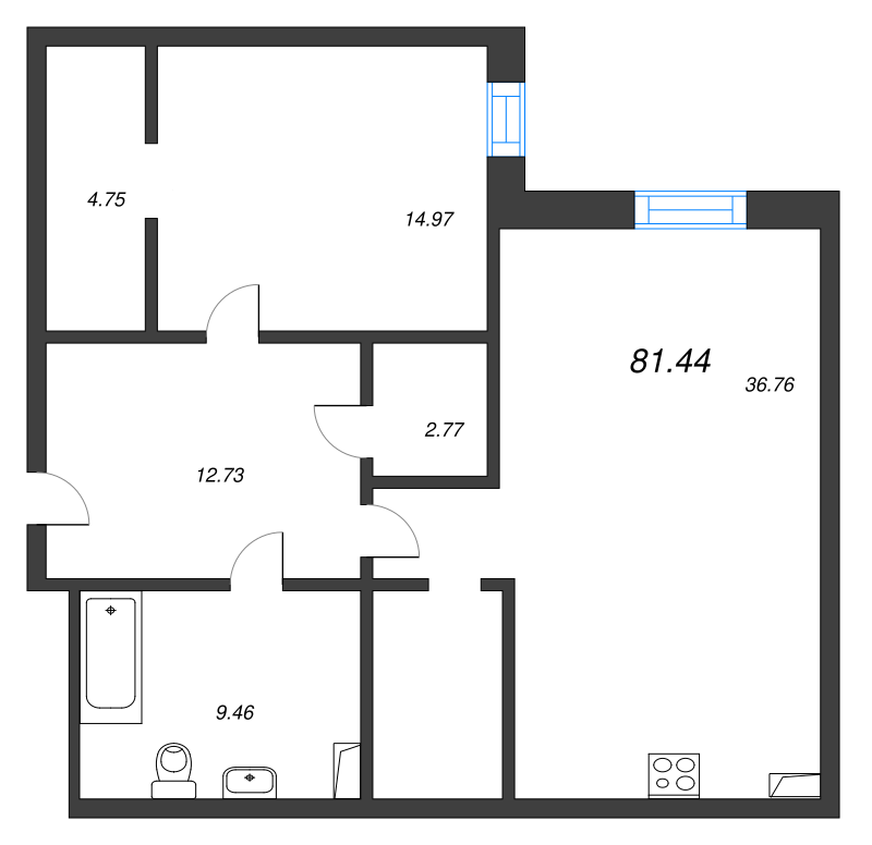 2-комнатная (Евро) квартира, 81.6 м² - планировка, фото №1