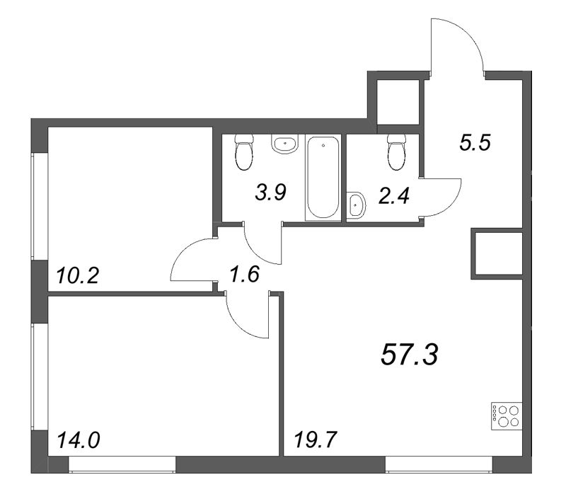 3-комнатная (Евро) квартира, 57.3 м² в ЖК "Гений" - планировка, фото №1