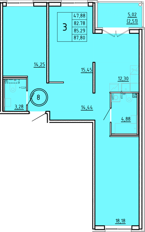 3-комнатная квартира, 82.78 м² - планировка, фото №1