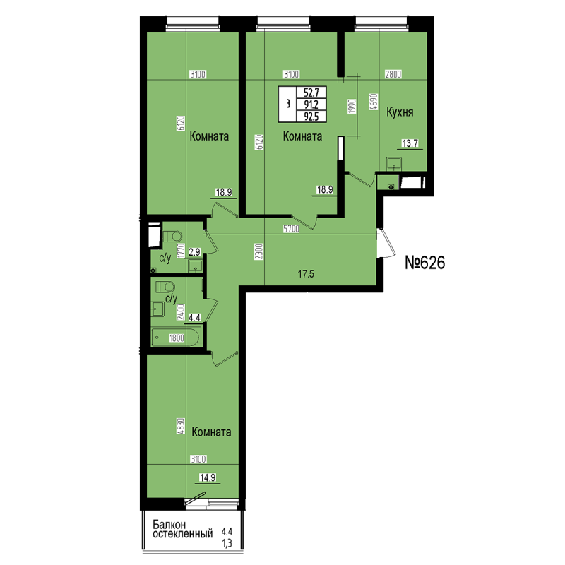 3-комнатная квартира, 92.5 м² в ЖК "ПРАГМА СИТИ" - планировка, фото №1