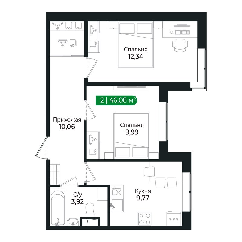 2-комнатная квартира, 46.3 м² в ЖК "Сертолово Парк" - планировка, фото №1