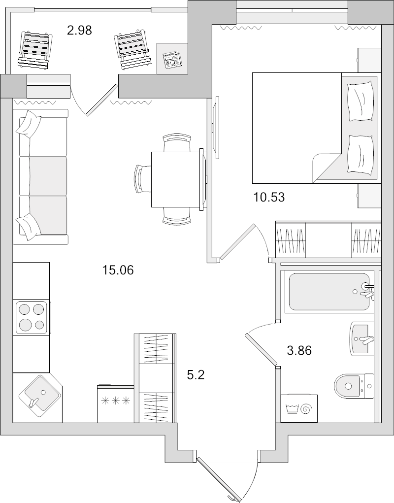 2-комнатная (Евро) квартира, 34.65 м² в ЖК "Город Первых" - планировка, фото №1