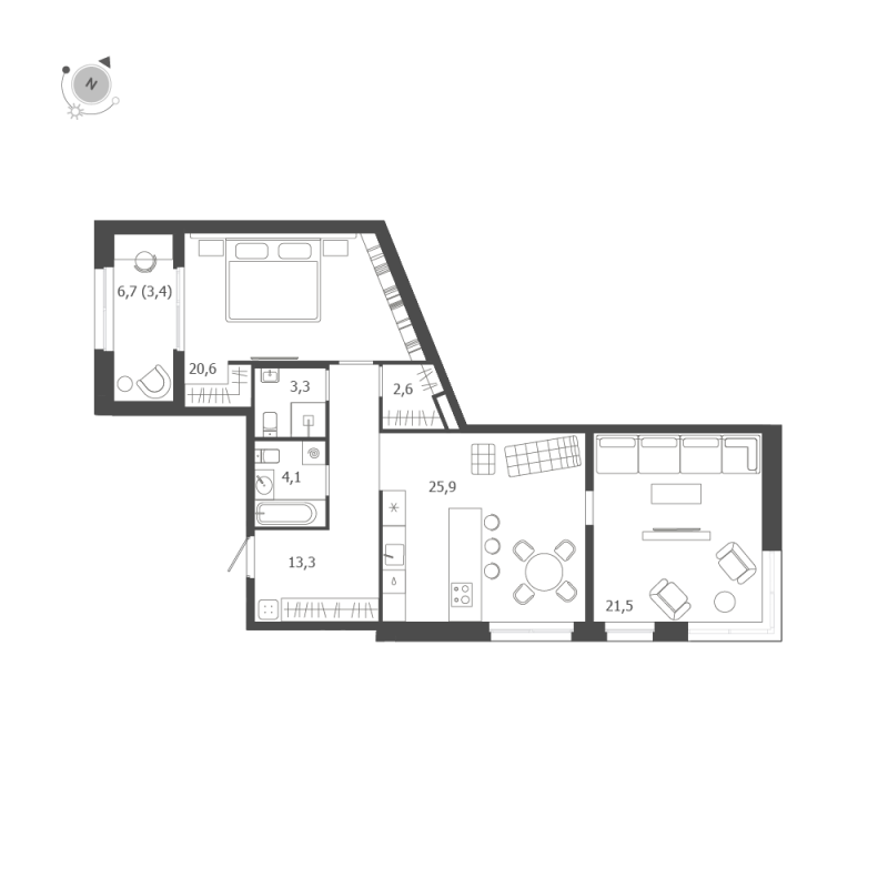 3-комнатная (Евро) квартира, 94.7 м² в ЖК "ЛДМ" - планировка, фото №1