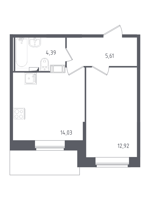1-комнатная квартира, 36.95 м² - планировка, фото №1