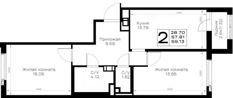 2-комнатная квартира, 59.13 м² в ЖК "Борский" - планировка, фото №1