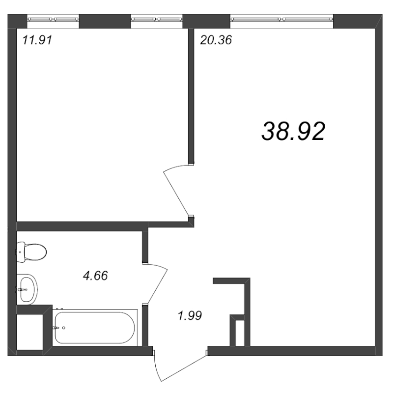 2-комнатная (Евро) квартира, 38.92 м² в ЖК "Zoom Черная речка" - планировка, фото №1