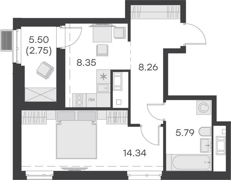 1-комнатная квартира, 39.49 м² - планировка, фото №1