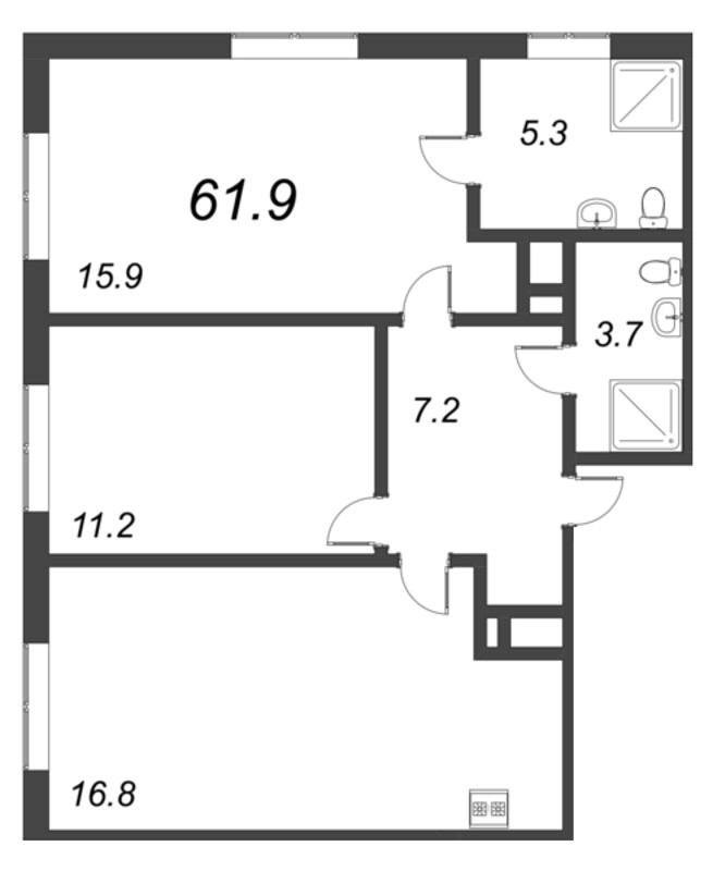 3-комнатная (Евро) квартира, 61.9 м² - планировка, фото №1