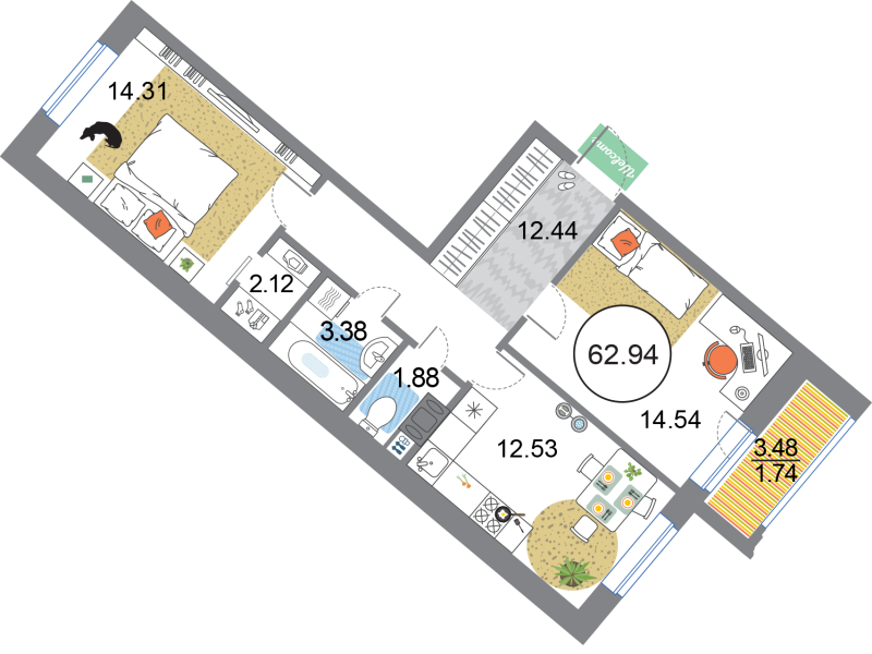 2-комнатная квартира, 62.94 м² - планировка, фото №1