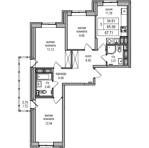 3-комнатная квартира, 67.5 м² в ЖК "Северная Долина" - планировка, фото №1
