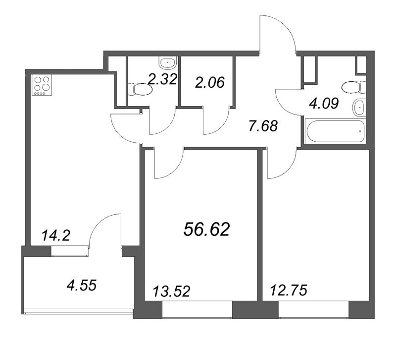 2-комнатная квартира, 56.62 м² в ЖК "Дом на Курской" - планировка, фото №1