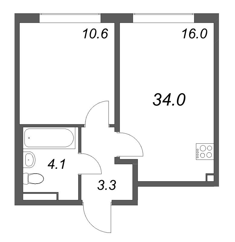 2-комнатная (Евро) квартира, 34 м² в ЖК "Пулково Лейк" - планировка, фото №1