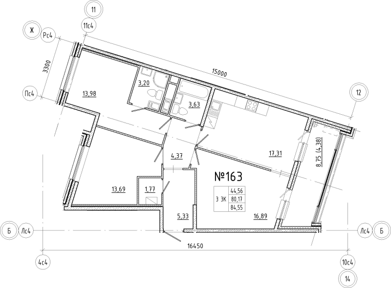 4-комнатная (Евро) квартира, 84.55 м² в ЖК "N8" - планировка, фото №1