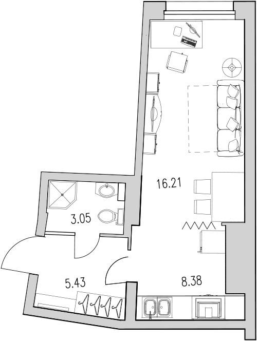 1-комнатная квартира, 32.8 м² в ЖК "Байрон" - планировка, фото №1