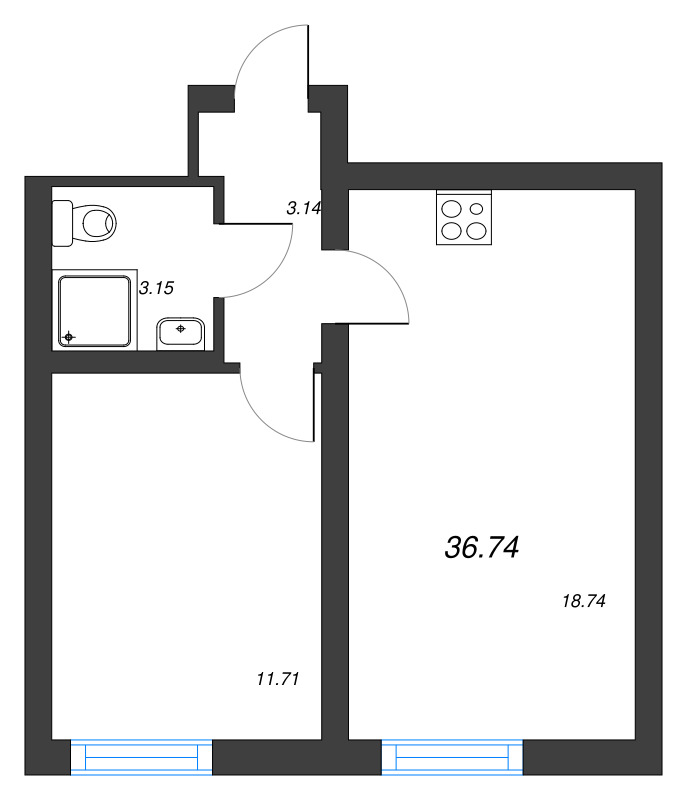 2-комнатная (Евро) квартира, 36.74 м² в ЖК "Морская миля" - планировка, фото №1