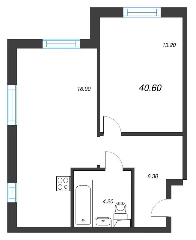 2-комнатная (Евро) квартира, 40.6 м² - планировка, фото №1