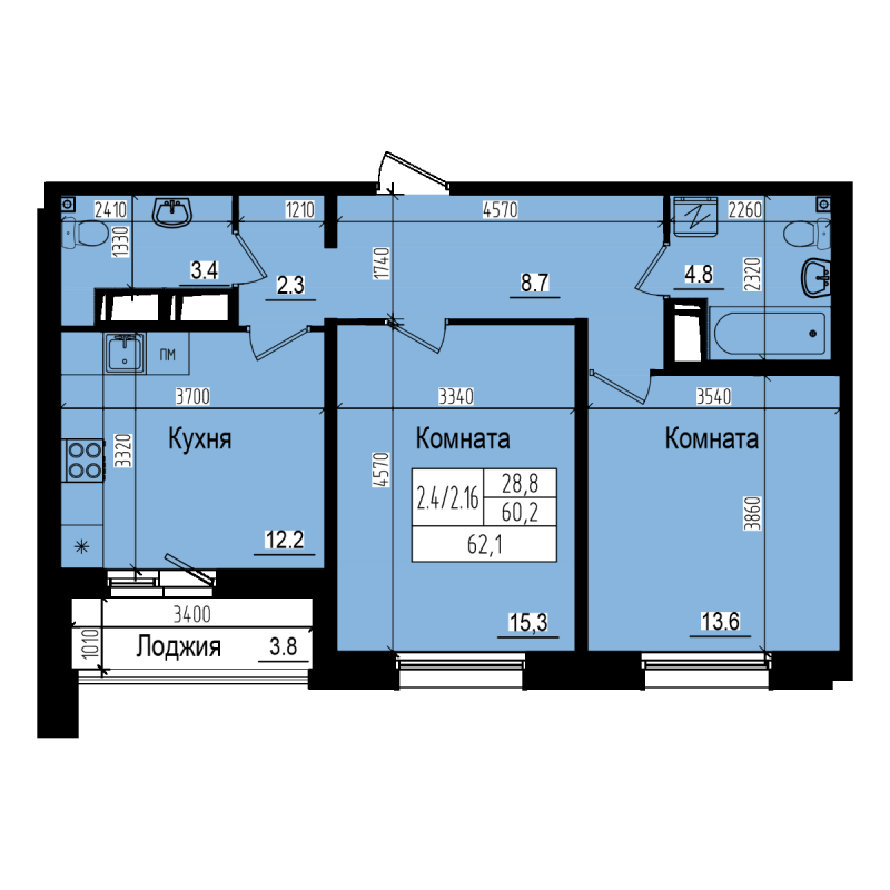 2-комнатная квартира, 62.1 м² - планировка, фото №1