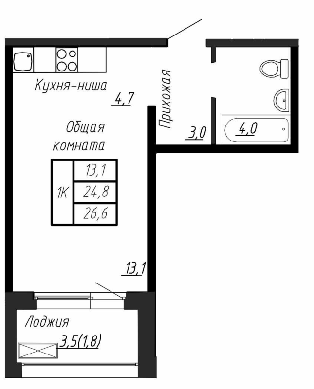 Квартира-студия, 26.6 м² - планировка, фото №1