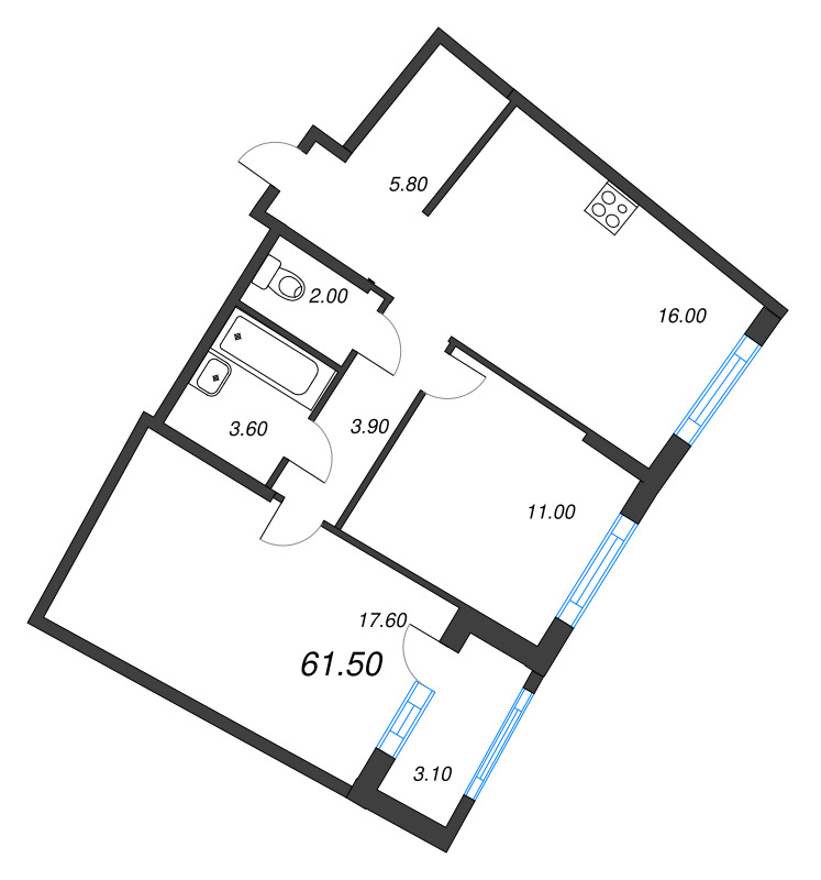 3-комнатная (Евро) квартира, 61.5 м² в ЖК "Ягодное Река Парк" - планировка, фото №1