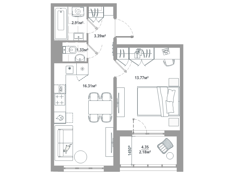 2-комнатная (Евро) квартира, 39.89 м² в ЖК "ЛесАрт" - планировка, фото №1