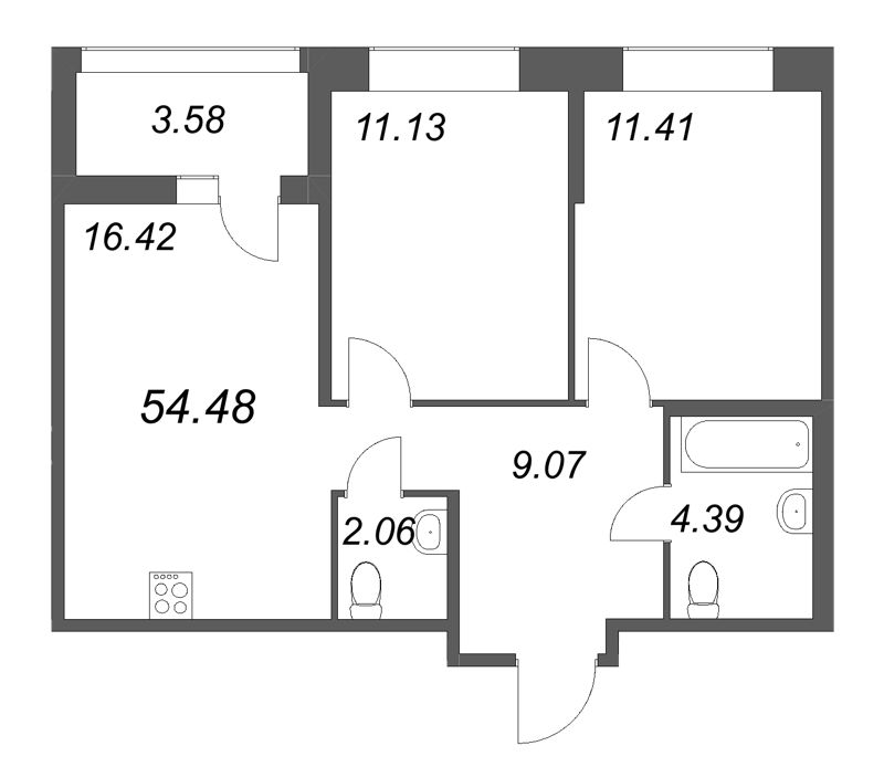 3-комнатная (Евро) квартира, 54.48 м² в ЖК "Ультра Сити 3.0" - планировка, фото №1